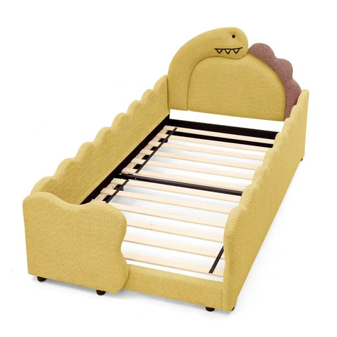 3D Dino Headboard Kids Bed With Safety Guardrails, Double Size, Solid Wood Frame, Raised Padded Rails, Terry Cloth Fabric Upholstery