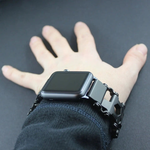 Watch Adapter For TREAD And TREAD LT Black Easy Swap Kit on wrist, Apple Watch band attached