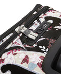 Close-up of Underseat Rolling Work Bag With Laptop Sleeve And Botanical Paisley Print For Commuters, showing zipper and lock detail.