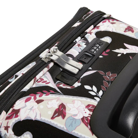 Close-up of Underseat Rolling Work Bag With Laptop Sleeve And Botanical Paisley Print For Commuters, showing zipper and lock detail.