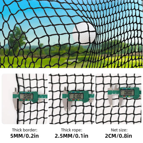 Close-up of a 10x10ft Golf Batting Cage With Quick Installation Tool And Rope No Fuss Easy Setup Indoor Outdoor Practice Net showing net thickness and measurements.
