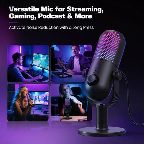 PC Gaming USB Condenser Microphone With RGB Lighting Stand Mic One Tap Mute for Streaming, Podcasting, and Singing