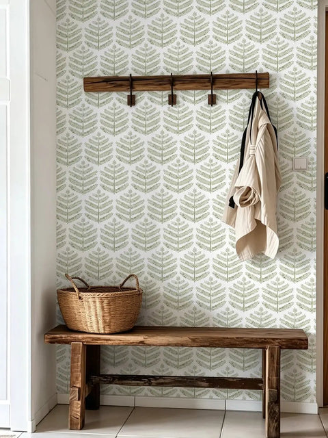 Easy Peel And Stick Green Leaf Wallpaper For Walls Boho Floral Decal Removable Vinyl Wall Covering with zero residue in a hallway.