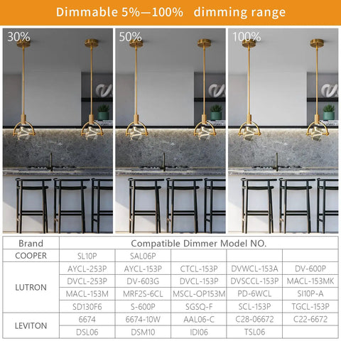 Dope Pendant Ceiling Light For Kitchen Island With Integrated LED Crystal Pendant In Gold Brushed Brass Finish Modern Hanging Fixture For Dining Room Or Bedroom 1 Light showing dimmable range from 30% to 100%