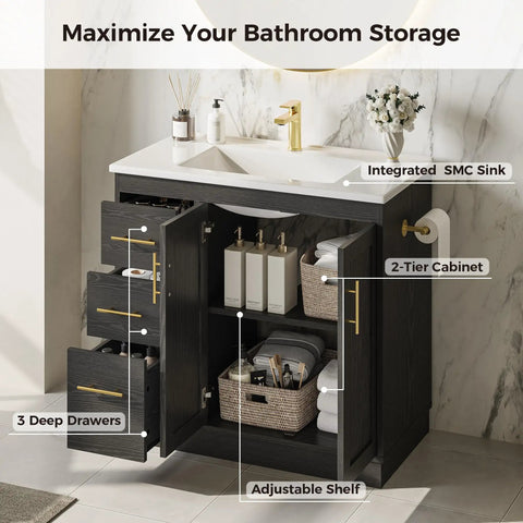 36 Inch Bathroom Vanity With Integrated Sink, Modern Black Cabinet With Soft Close Doors, 3 Roomy Drawers, Adjustable Shelf And Built In Toilet Paper Holder, FSC Certified Wood Construction That Hits Different For Top Shelf Storage Needs