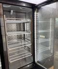 Interior view of Heavy Hitter Commercial Merchandiser Freezer With Three Self Closing Glass Doors and bulletproof adjustable shelving.