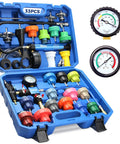 33 Piece Coolant Pressure Tester Kit With Vacuum Refill And 23 Adapters For Cars And Trucks Includes Vacuum Pump Purge And Refill Tool Probe Thermometer Wrench And Hoses, blue case open