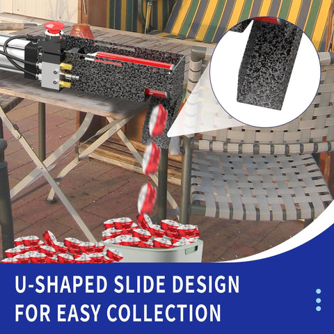 Beast Mode Pneumatic Can Crusher For 12oz To 16oz Cans, wall-mounted showing U-shaped slide design for easy can collection.