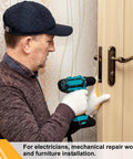 Man using drill with SL6 Slotted Screwdriver Bits Set 6mm Tips on door, showcasing heavy duty power tools for repairs.
