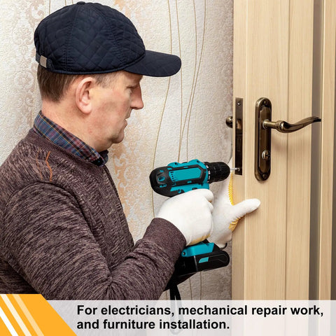 Man using drill with SL6 Slotted Screwdriver Bits Set 6mm Tips on door, showcasing heavy duty power tools for repairs.