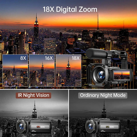 8K Ultra HD Video Camera Camcorder for YouTube Vloggers with 18x digital zoom and IR night vision display
