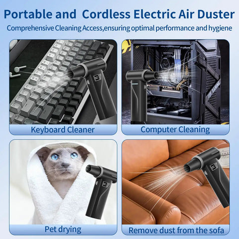 Rechargeable Electric Air Duster With 110000 RPM Brushless Motor cleaning keyboard, PC, pet drying, and sofa dust removal