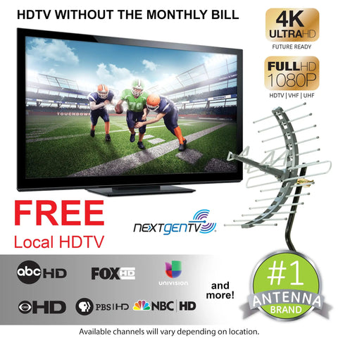 Long Range Outdoor HDTV Antenna For 4K And 1080P TV Attic Or Outdoor Mount With J Bracket Weather Resistant VHF UHF Reception Smart TV Friendly Antenna For Local Channels And Better Signal displayed next to a modern TV showing a football game.