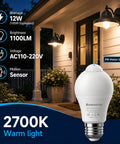 4 Pack Motion Sensor LED Bulbs 12W 100W Equivalent 2700K Warm White Auto On Off Dusk To Dawn Security Lighting For Indoor Outdoor Porch Garage Basement Stairs Energy Efficient Easy Hands Free Light shown on porch