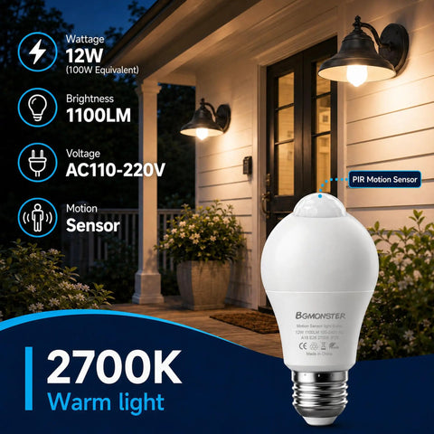 4 Pack Motion Sensor LED Bulbs 12W 100W Equivalent 2700K Warm White Auto On Off Dusk To Dawn Security Lighting For Indoor Outdoor Porch Garage Basement Stairs Energy Efficient Easy Hands Free Light shown on porch