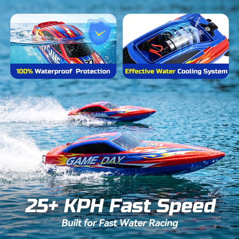 High Speed RC Boat For Kids And Adults, 25 Plus KPH Racing Power, LED Lights, Capsize Recovery, Dual 1300mAh Batteries, 2 4GHz Remote, Up To 30 Minute Run Time, 13 Inch Hull For Pool And Lake Fun on water showcasing waterproof feature