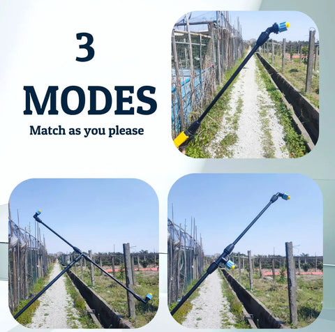 Image showing three configurations of the Two Nozzle Poly Boom Wand For Backpack Sprayers With Versatile Adjustable Nozzle Heads, highlighting different spray angles.