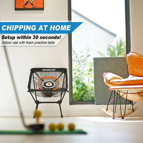 Indoor setup of Foldable Chipping Net With Mat For Indoor And Outdoor Golf Practice, 3 Target Baskets For Chipping.
