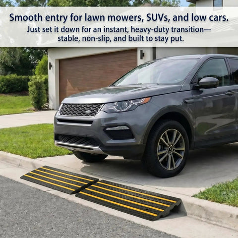 Heavy Duty Rubber Curb Ramps 2 Pack For Driveway Transition And Low Clearance Rides Built To Glide Over Sidewalk Edges Without Scraping Your Front Lip On Casual Cruises with an SUV on a driveway.