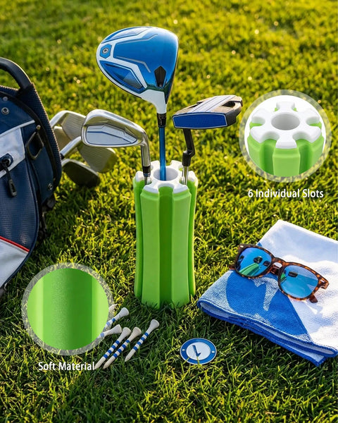Golf Bag Organizer And Club Carrier For On The Go Golfers Portable Storage Clip showing clubs in green holder on grass
