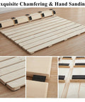 Durable Foldable Floor Bed Frame For Queen Size With Breathable Wooden Slats Rolling Futon Base showing hand-sanded slats and chamfered edges.