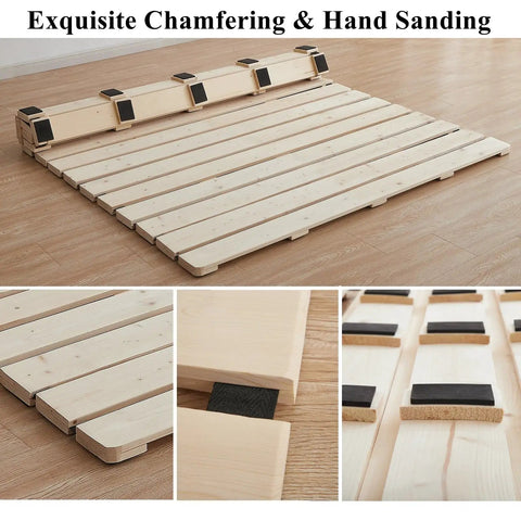 Durable Foldable Floor Bed Frame For Queen Size With Breathable Wooden Slats Rolling Futon Base showing hand-sanded slats and chamfered edges.