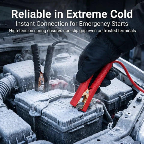 Heavy Duty 300A Alligator Clips For Car Battery Chargers And Jumper Cables Spring Loaded Insulated Replacement Clamps in use on a frosted battery.