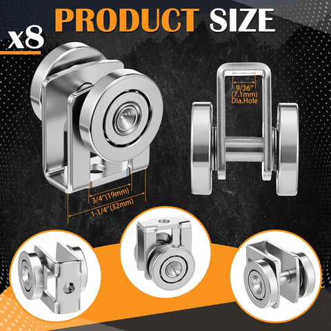 8 Pack 2 Wheel Trolley Rollers For 1-5/8 Inch Channel Struts Light Duty Dual Wheel Roller With Ball Bearings Zinc Plated M6 Mounting Hole 1000 Lb Capacity, showing close-up of roller dimensions and ball bearings in durable construction.