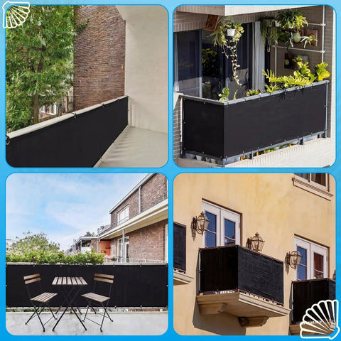 Heavy Duty Balcony Privacy Screen 3 By 20 Feet Black Fence Cover With Grommets and Zip Ties 170 GSM Breathable Mesh on balconies.