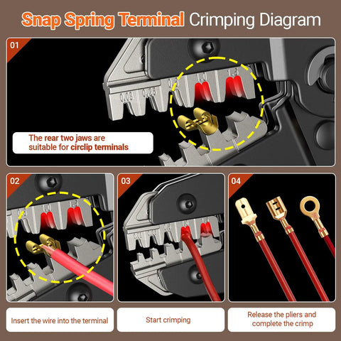 Crimping diagram for Five-In-One Pro-Grade Wire Crimp Tool Kit, AWG 28-16 for circlip terminals, steps 1-4 shown