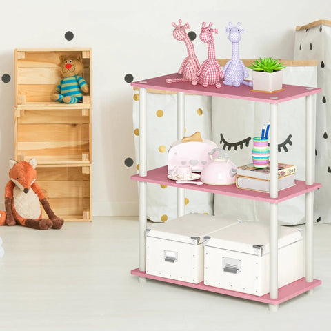 No Sweat Toolless Pink 3 Tier Open Storage Shelf, Hella Versatile Corner Book Rack For Living Room, Bedroom, Garage And Home Office Legit Organization Upgrade