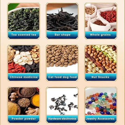 Dead On Accuracy Automatic Powder And Granule Filling Machine With Microcomputer Controlled Weighing From One Gram To Five Hundred Grams For Quick Commercial Bag And Bottle Packing, showcasing various ingredient types.