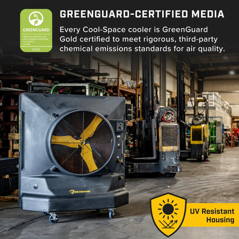 Heavy Duty Portable Swamp Cooler With Killer 36 Inch Fan And 46 Gallon Tank Straight Up Heatwave Buster positioned in warehouse.