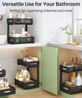 Two Tier Under Sink Organizer With Butter Smooth Mesh Sliding Drawers And Silent Roll Tracks That Make Deep Cabinet Storage A Total Breeze For Quick Every Day Access, shown organizing toiletries in a bathroom.