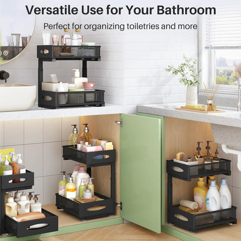 Two Tier Under Sink Organizer With Butter Smooth Mesh Sliding Drawers And Silent Roll Tracks That Make Deep Cabinet Storage A Total Breeze For Quick Every Day Access, shown organizing toiletries in a bathroom.