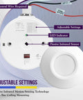 High Bay Ceiling Motion Sensor With Passive Infrared PIR For Efficient Lighting Control 360 Degree Field Of View Provides 2800 Sq Ft Coverage 120 To 277 VAC Neutral Wire Required Commercial Industrial Grade MPC50H White, adjustable settings