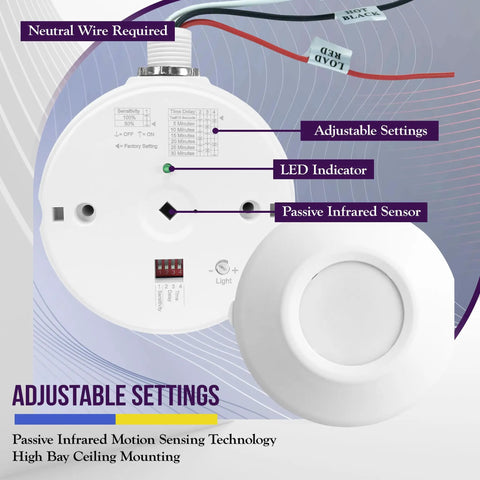High Bay Ceiling Motion Sensor With Passive Infrared PIR For Efficient Lighting Control 360 Degree Field Of View Provides 2800 Sq Ft Coverage 120 To 277 VAC Neutral Wire Required Commercial Industrial Grade MPC50H White, adjustable settings