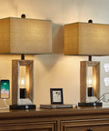 Rustic Farmhouse 3-Way Dimmable USB Table Lamps Set Of 2 With Touch Control Nightlights, 25 Inch on wooden table