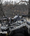 Rhino Grip XL Double Set Pair for ATV gear mounts, 360 degree rotating carrier shown on camo ATV holding rifles in rugged terrain