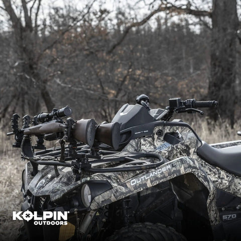 Rhino Grip XL Double Set Pair for ATV gear mounts, 360 degree rotating carrier shown on camo ATV holding rifles in rugged terrain