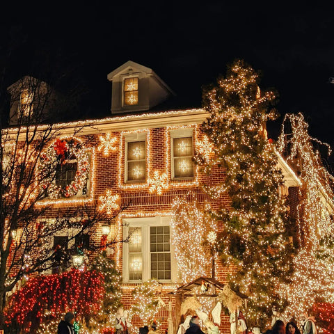 Brick house adorned with Warm White 50 Count Mini Christmas Lights On White Wire For Indoor Outdoor Decor, festive holiday display
