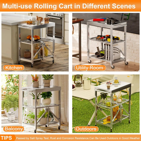 Slick Stainless Steel Folding Kitchen Cart Rock Solid Three Tier Rolling Utility Station with Grippy Locking Wheels in kitchen, utility room, balcony, and outdoors.