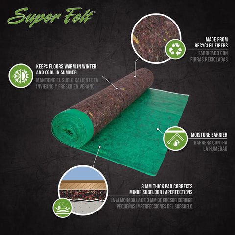 Straight Up Heavy Duty Underlayment Pad For Laminate And Engineered Wood Floors Featuring Gnarly Moisture Shield and Legit Thick Comfort Over Concrete Or Raw Slabs, 4mm thick recycled felt.