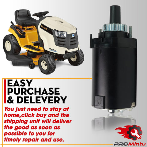 14 Tooth Starter Motor Replaces Cub Cadet 1000 Series And More next to a riding mower with Easy Purchase & Delivery note