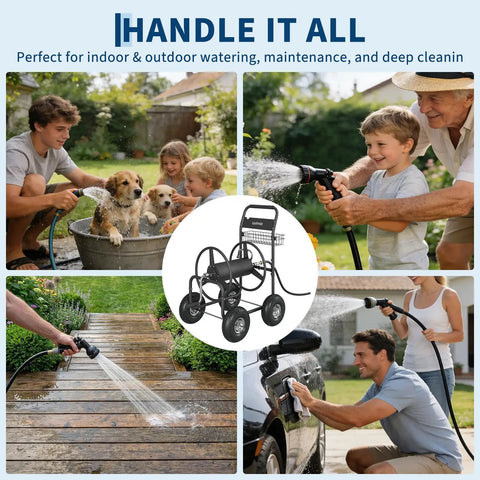 Collage of Grab And Go Mobile Garden Hose Reel Cart With Wheels, shown in garden and car washing, holds up to 300 feet hose.
