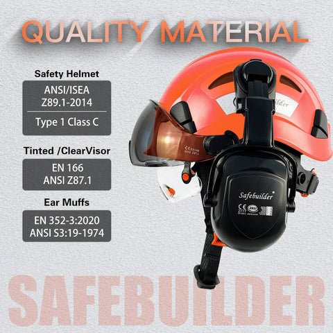 Orange Construction Safety Helmet With Clear And Tinted Visors And Earmuffs Hearing Protection, Six Point Suspension