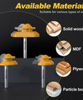Pro Grade 3 Piece Lock Miter Router Bit Set Delivers Smooth 45 Degree Cuts With A Rugged 1/4 Inch Shank And Premium Carbide Blades displaying suitability for solid wood and MDF.