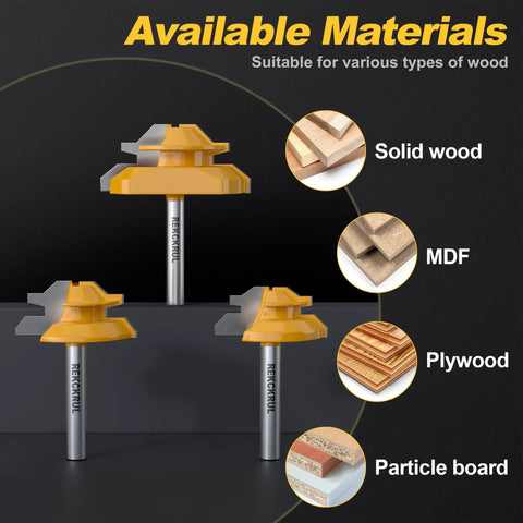 Pro Grade 3 Piece Lock Miter Router Bit Set Delivers Smooth 45 Degree Cuts With A Rugged 1/4 Inch Shank And Premium Carbide Blades displaying suitability for solid wood and MDF.
