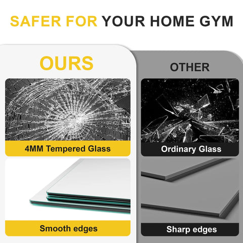 Comparison of smooth-edged 4mm tempered glass and sharp-edged ordinary glass for Two Pack 48 By 28 Inch Home Gym Wall Mirrors Frameless