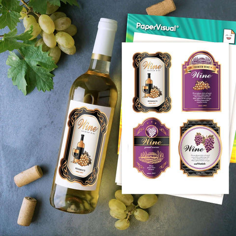 Printable vinyl sticker sheet with four ornate wine-label designs; wine bottle and grapes beside PaperVisual packaging.